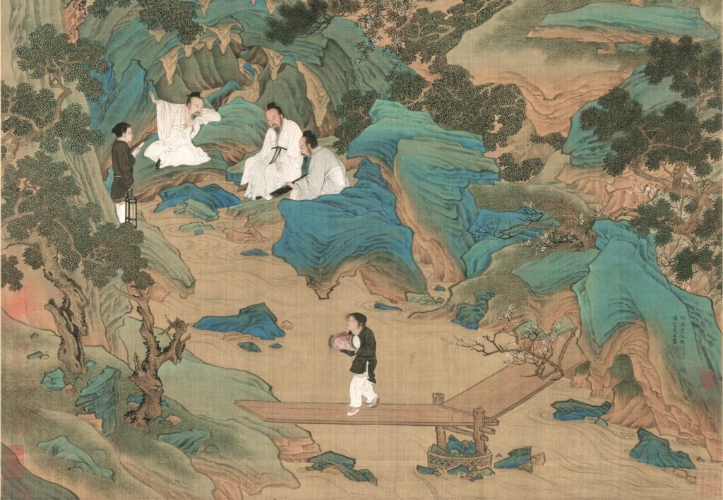 Painting showing people sitting next to a river.