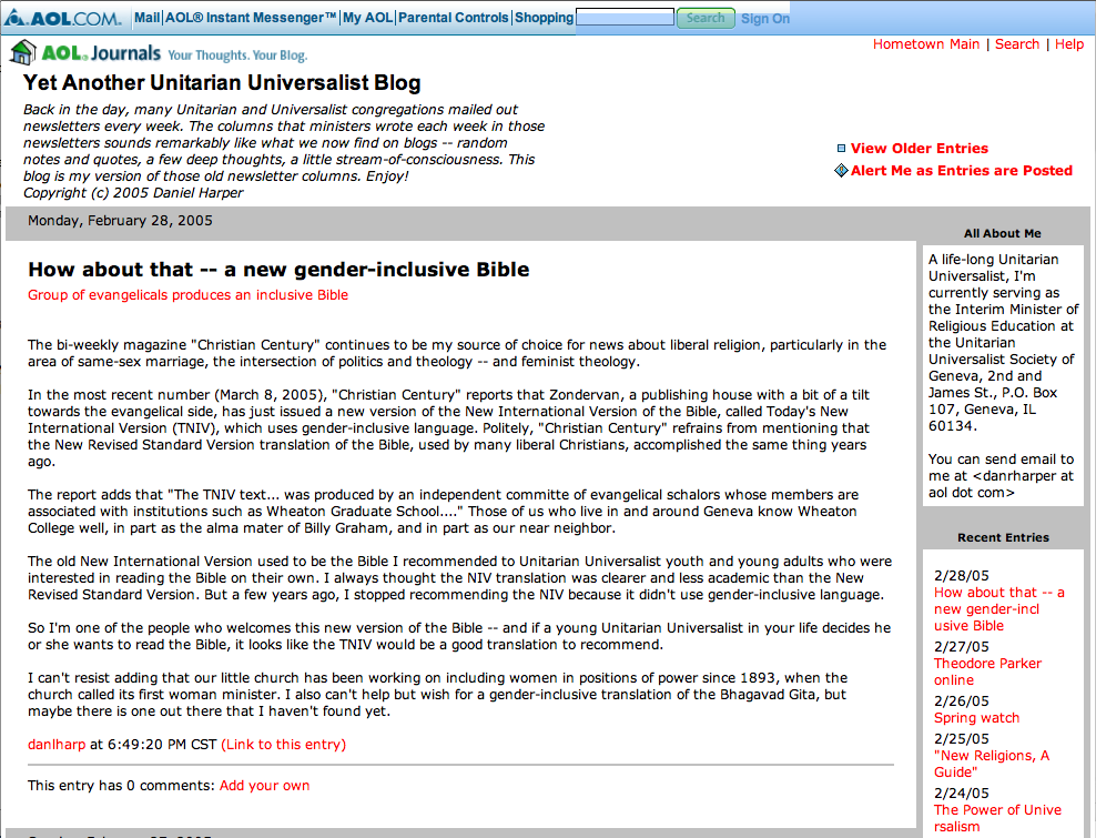 Screenshot of my blog in 2005, when it was on AOL