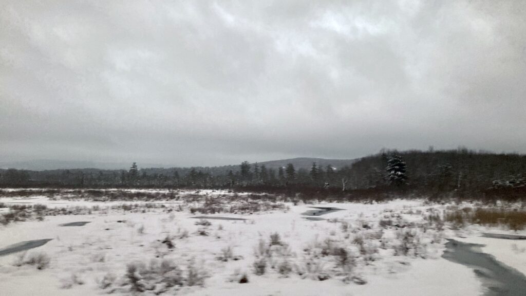 A river visible in the middle distance, and a low mountain visible through the snow in the far distance.