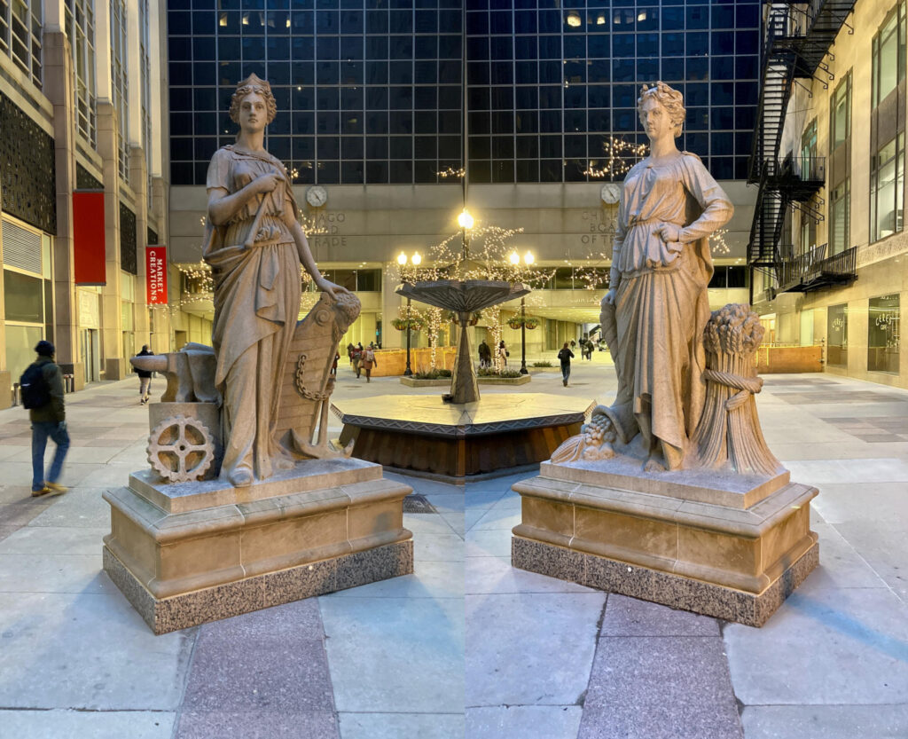 Photomontage showing two statues of women, one symbolizing agriculture and one symbolizing industry.