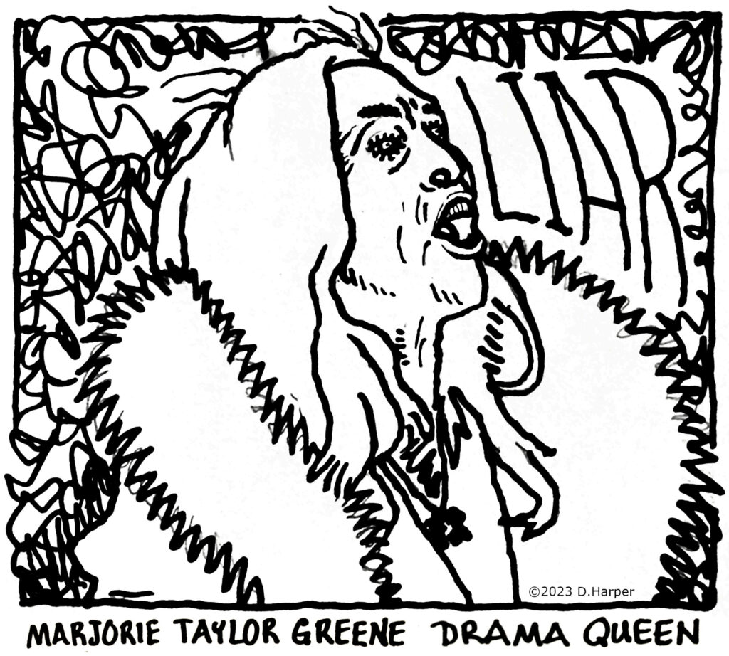 Cartoon of Marjorie Greene shouting "Liar" during the State of the Union speech.