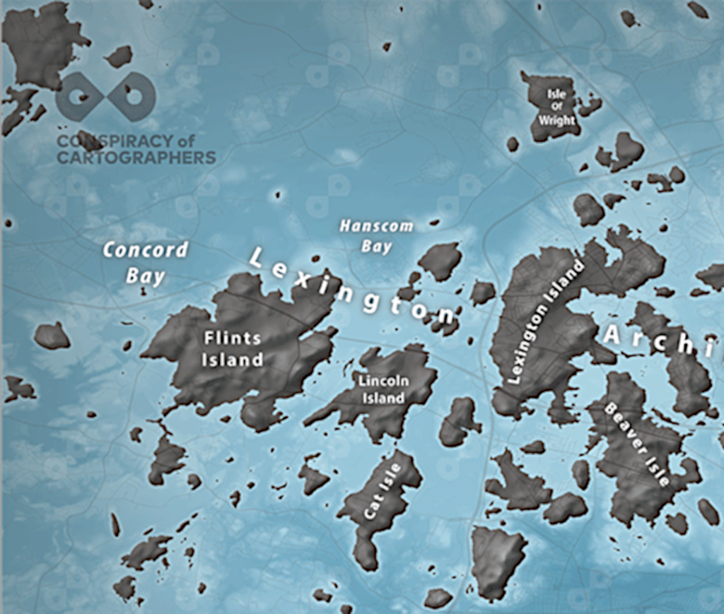 Screen grab of part of a fictional map showing sea level rise west of Boston.
