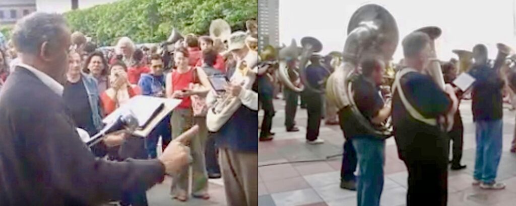 Composite of two screenshots from 100 Tubas videos, showing Braxton conducting in one frame, and ranks of tuba players in the other frame.