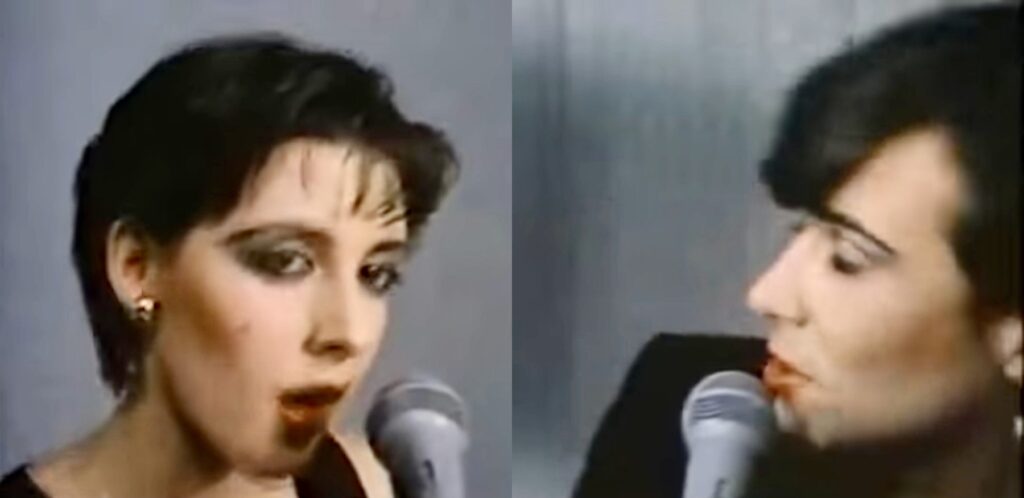 Two androgynous singers from The Human League in a side-by-side comparison showing their identical makeup.