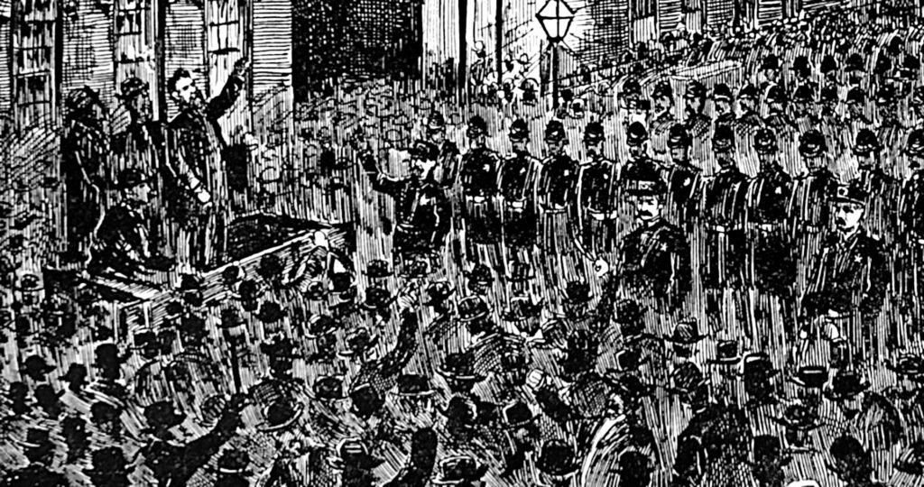 Old illustration showing Bonfield ordering crowd to disperse.