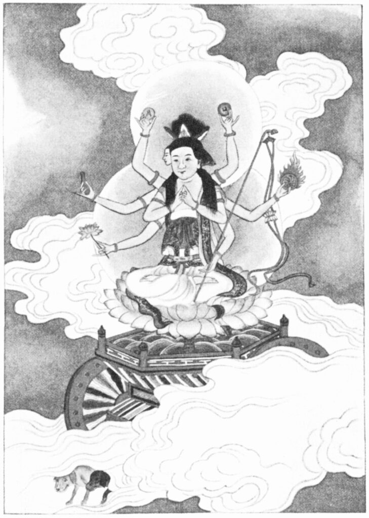 Drawing of a many-armed goddess sitting on clouds.