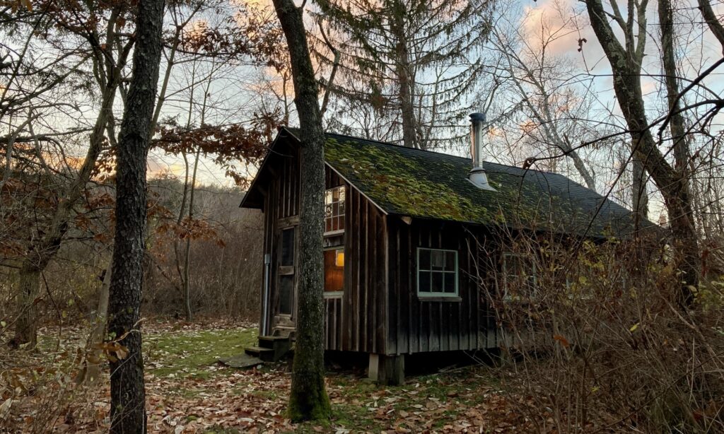 Small cabin in woods.