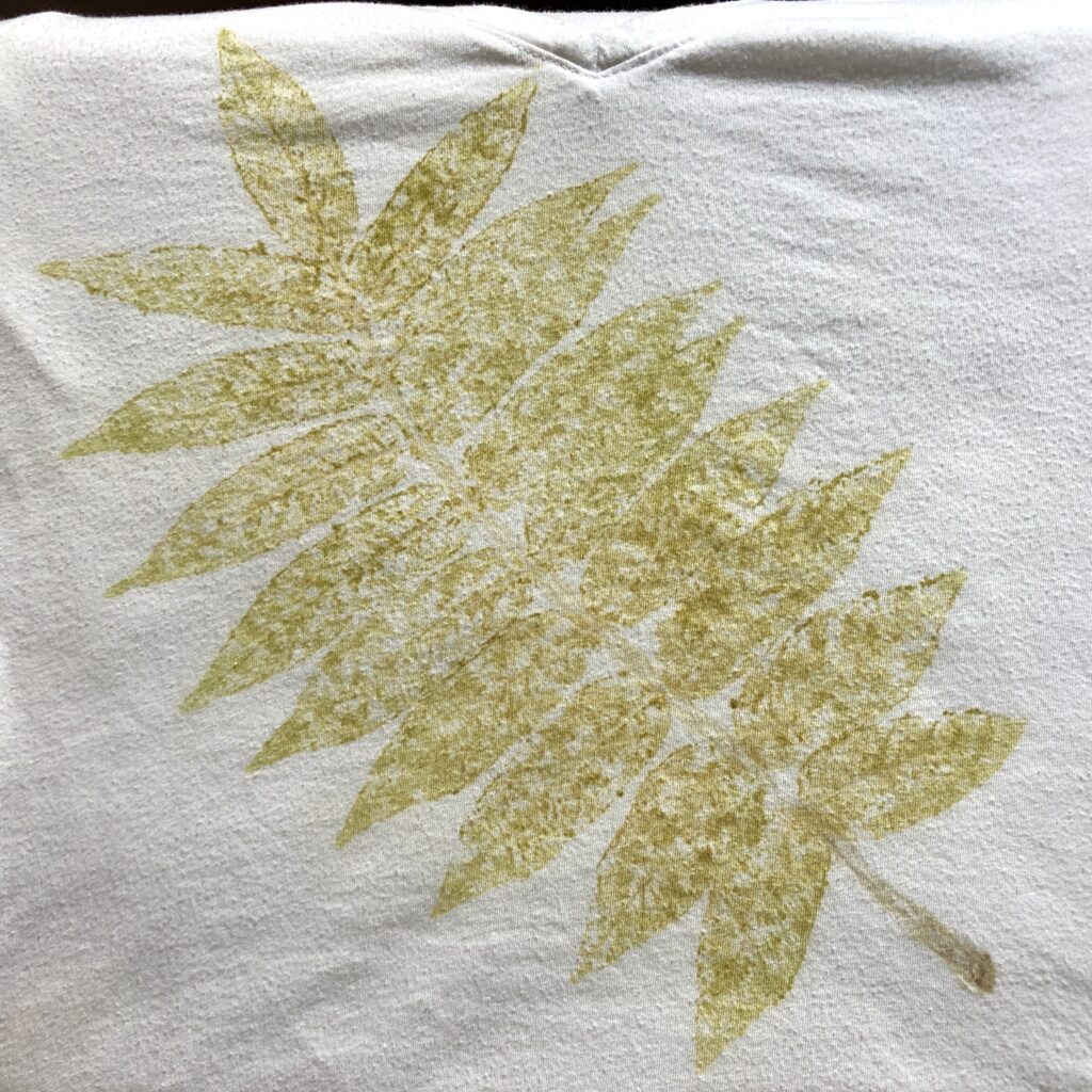 The finished design on the t-shirt, clearly showing the shape of the sumac leaf.