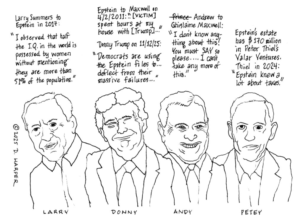 A cartoon mocking Larry Summers, Donny Trump, Andy Winsor, and Petey Thiel.