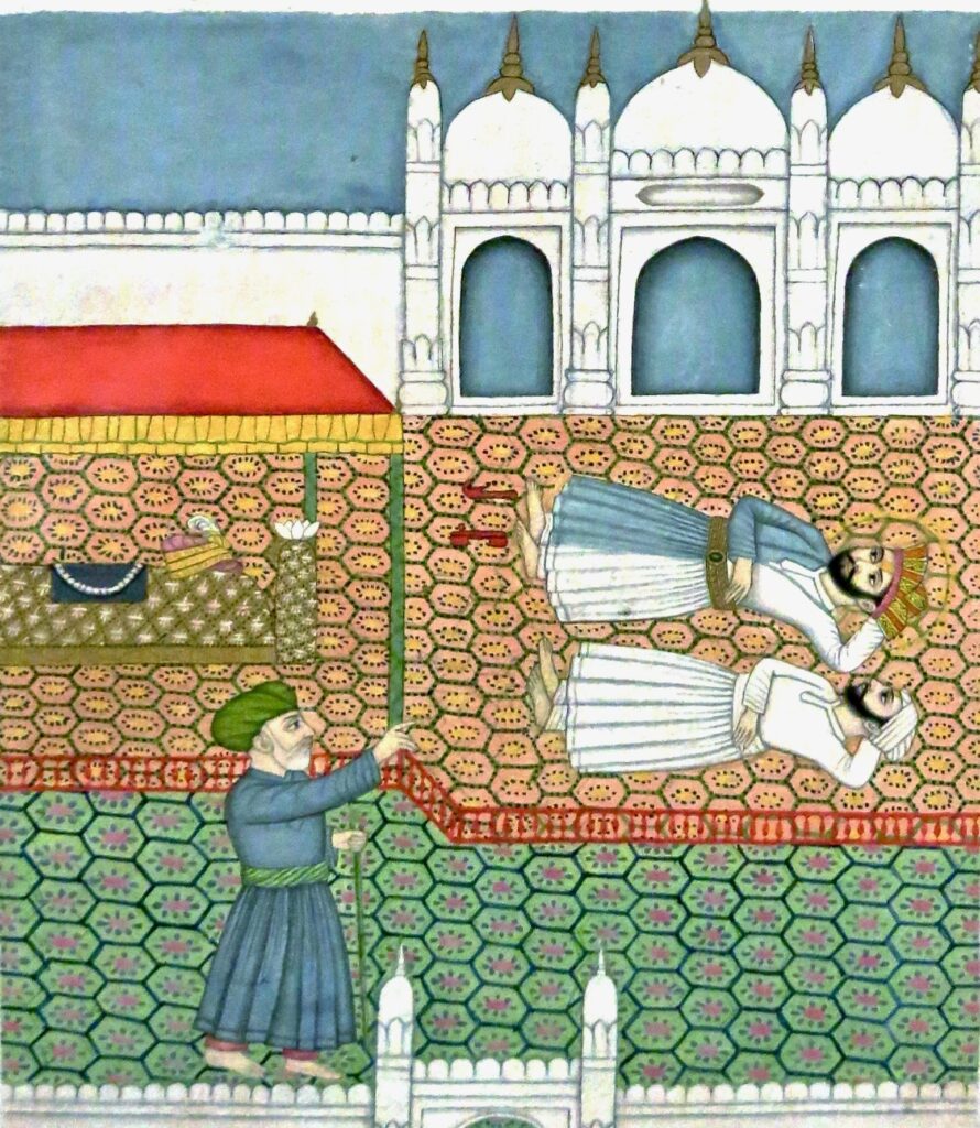 Watercolor p;ainting of two men lying on the ground, with another man looking at them.